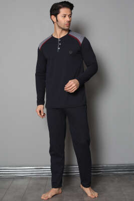 Omuz Düğmeli Uzun Kol Erkek Pijama Takım Lacivert Bordo