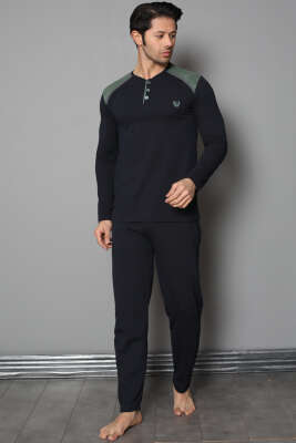 Omuz Düğmeli Uzun Kol Erkek Pijama Takım Lacivert Yeşil - Kadın Pijama Takımı