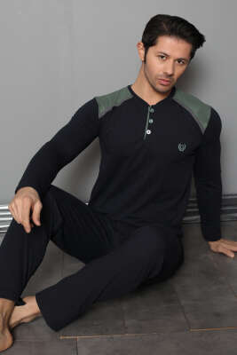 Omuz Düğmeli Uzun Kol Erkek Pijama Takım Lacivert Yeşil 