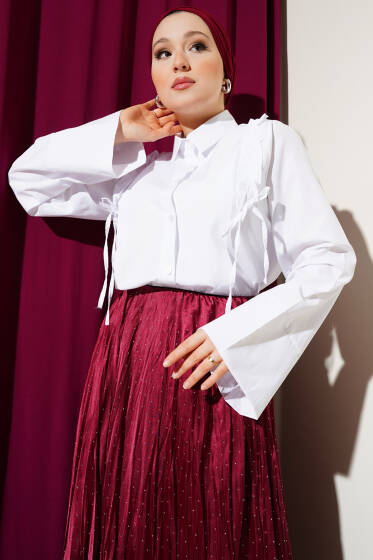 Omuz Fırfır Büzgülü Kısa Gömlek Beyaz - Gömlek