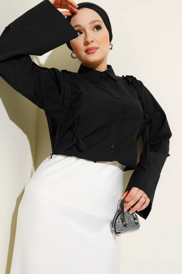 Omuz Fırfır Büzgülü Kısa Gömlek Siyah - Gömlek