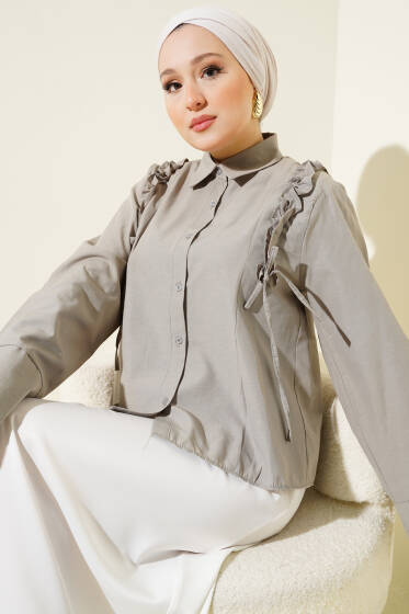 Omuz Fırfır Büzgülü Kısa Gömlek Taş - Gömlek