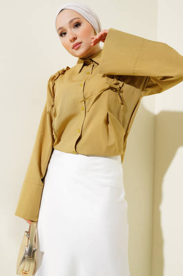 Omuz Fırfır Büzgülü Kısa Gömlek Yağ Yeşili - Gömlek