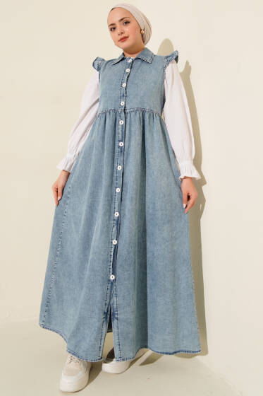 Omuz Fırfır Detaylı Kot Mavisi Elbise - Elbise
