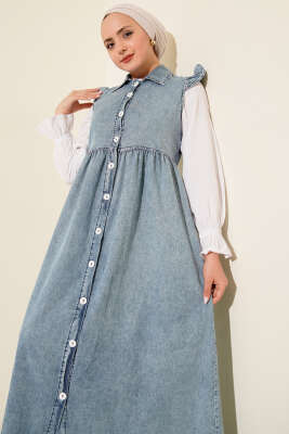 Omuz Fırfır Detaylı Kot Mavisi Elbise - Elbise