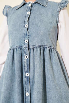 Omuz Fırfır Detaylı Kot Mavisi Elbise - Elbise