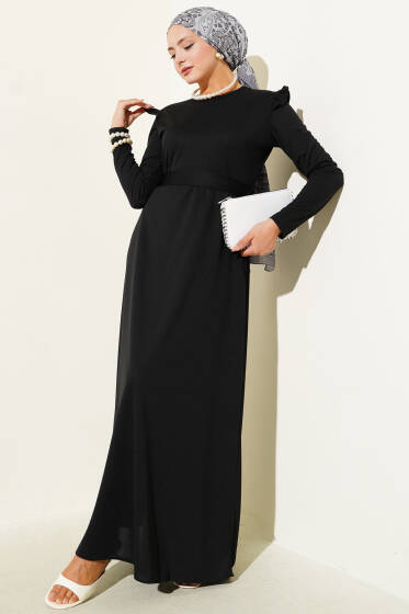 Omuz Fırfır Detaylı Kuşaklı Elbise Siyah - Elbise