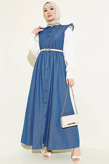 Omuz Fırfır Detaylı Mavi Elbise - Elbise