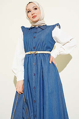 Omuz Fırfır Detaylı Mavi Elbise - Elbise