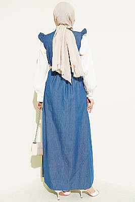 Omuz Fırfır Detaylı Mavi Elbise - Elbise