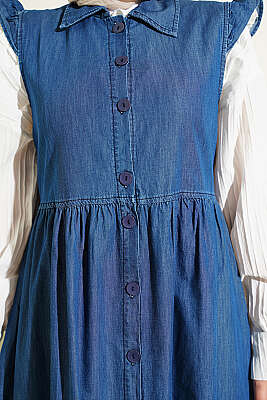 Omuz Fırfır Detaylı Mavi Elbise - Elbise