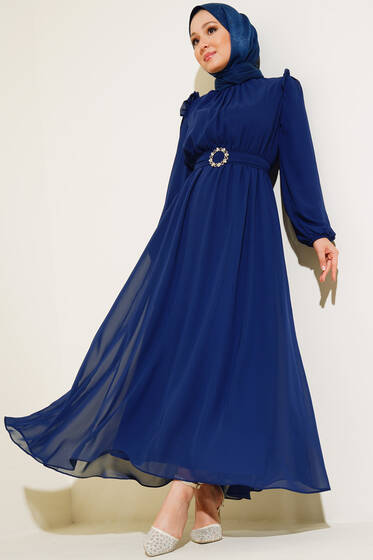 Omuz Fırfır Detaylı Taşlı Kuşaklı Şifon Elbise Lacivert - Tesettür Elbise