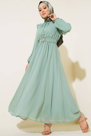 Omuz Fırfır Detaylı Taşlı Kuşaklı Şifon Elbise Mint - Tesettür Elbise