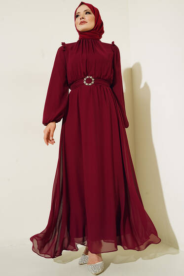 Omuz Fırfır Detaylı Taşlı Kuşaklı Şifon Elbise Mürdüm - Tesettür Elbise