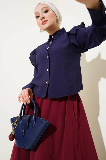 Omuz Fırfır Parçalı Kısa Gömlek Lacivert - Gömlek