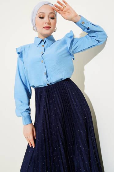 Omuz Fırfır Parçalı Kısa Gömlek Mavi - Gömlek