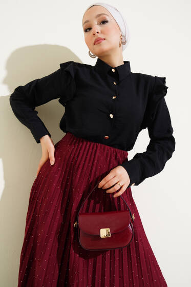 Omuz Fırfır Parçalı Kısa Gömlek Siyah - Gömlek