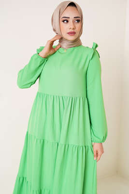 Omuz Fırfırlı Ayrobin Elbise Fıstık Yeşili - Thumbnail