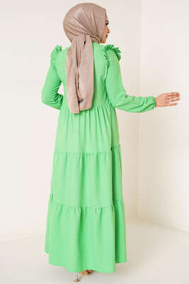 Omuz Fırfırlı Ayrobin Elbise Fıstık Yeşili - Thumbnail