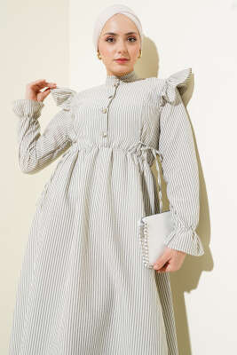 Omuz Fırfırlı Bel Lastikli Gofre Elbise Füme - Tesettür Elbise