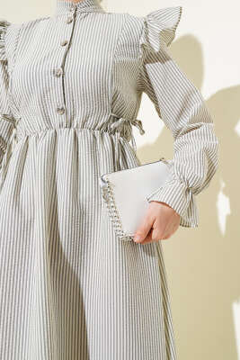 Omuz Fırfırlı Bel Lastikli Gofre Elbise Füme - Tesettür Elbise