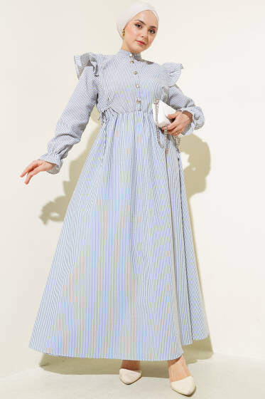 Omuz Fırfırlı Bel Lastikli Gofre Elbise Mavi - Elbise