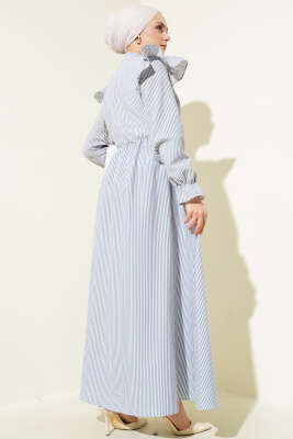 Omuz Fırfırlı Bel Lastikli Gofre Elbise Mavi - Tesettür Elbise