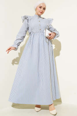 Omuz Fırfırlı Bel Lastikli Gofre Elbise Mavi 