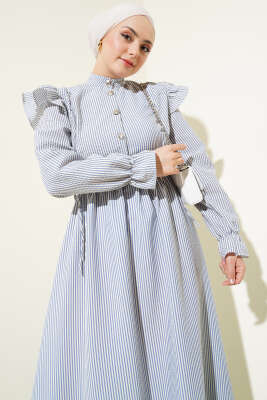 Omuz Fırfırlı Bel Lastikli Gofre Elbise Mavi - Tesettür Elbise