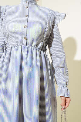 Omuz Fırfırlı Bel Lastikli Gofre Elbise Mavi - Tesettür Elbise