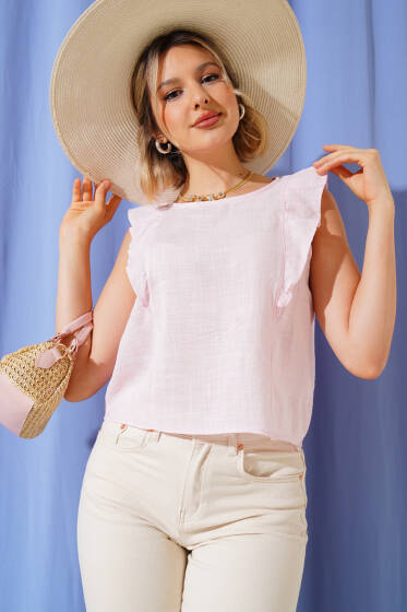 Omuz Fırfırlı Bluz Pembe - Kadın Giyim Modelleri