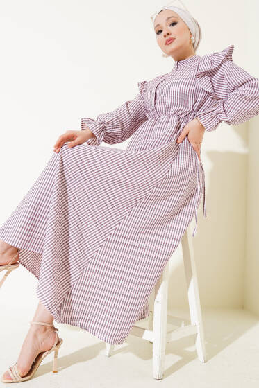 Omuz Fırfırlı Çizgili Gofre Elbise Bordo - Elbise