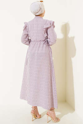 Omuz Fırfırlı Çizgili Gofre Elbise Bordo - Tesettür Elbise