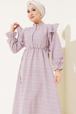 Omuz Fırfırlı Çizgili Gofre Elbise Bordo - Tesettür Elbise