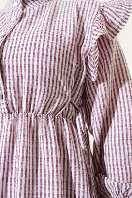 Omuz Fırfırlı Çizgili Gofre Elbise Bordo - Tesettür Elbise