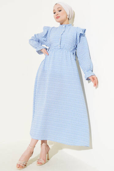 Omuz Fırfırlı Çizgili Gofre Elbise İndigo - Elbise