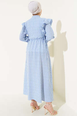 Omuz Fırfırlı Çizgili Gofre Elbise İndigo - Tesettür Elbise