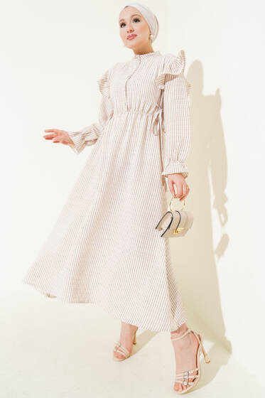 Omuz Fırfırlı Çizgili Gofre Elbise Latte - Elbise