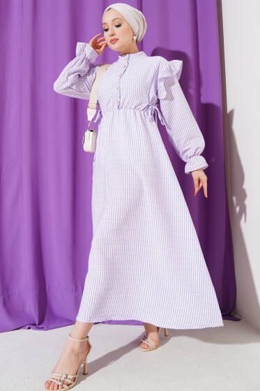 Omuz Fırfırlı Çizgili Gofre Elbise Lila - Tesettür Elbise