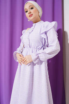 Omuz Fırfırlı Çizgili Gofre Elbise Lila - Tesettür Elbise