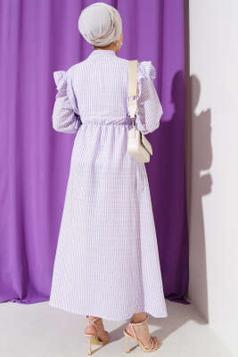 Omuz Fırfırlı Çizgili Gofre Elbise Lila - Tesettür Elbise