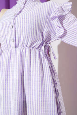 Omuz Fırfırlı Çizgili Gofre Elbise Lila - Tesettür Elbise