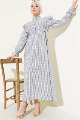 Omuz Fırfırlı Çizgili Gofre Elbise Siyah - HBS