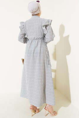 Omuz Fırfırlı Çizgili Gofre Elbise Siyah - Tesettür Elbise