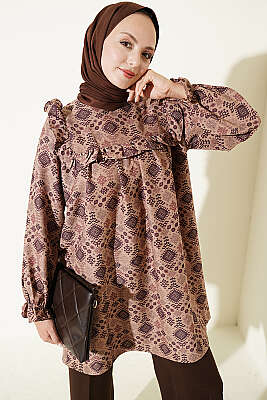 Omuz Fırfırlı Desenli Tunik Camel 