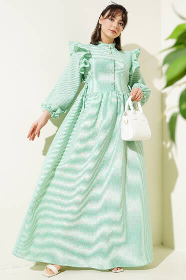 Omuz Fırfırlı Düğmeli Çizgili Gofre Elbise Benetton - Elbise