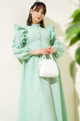 Omuz Fırfırlı Düğmeli Çizgili Gofre Elbise Benetton - Tesettür Elbise