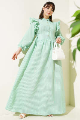 Omuz Fırfırlı Düğmeli Çizgili Gofre Elbise Benetton 