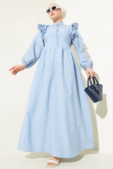 Omuz Fırfırlı Düğmeli Çizgili Gofre Elbise İndigo - Elbise