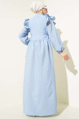 Omuz Fırfırlı Düğmeli Çizgili Gofre Elbise İndigo - Tesettür Elbise